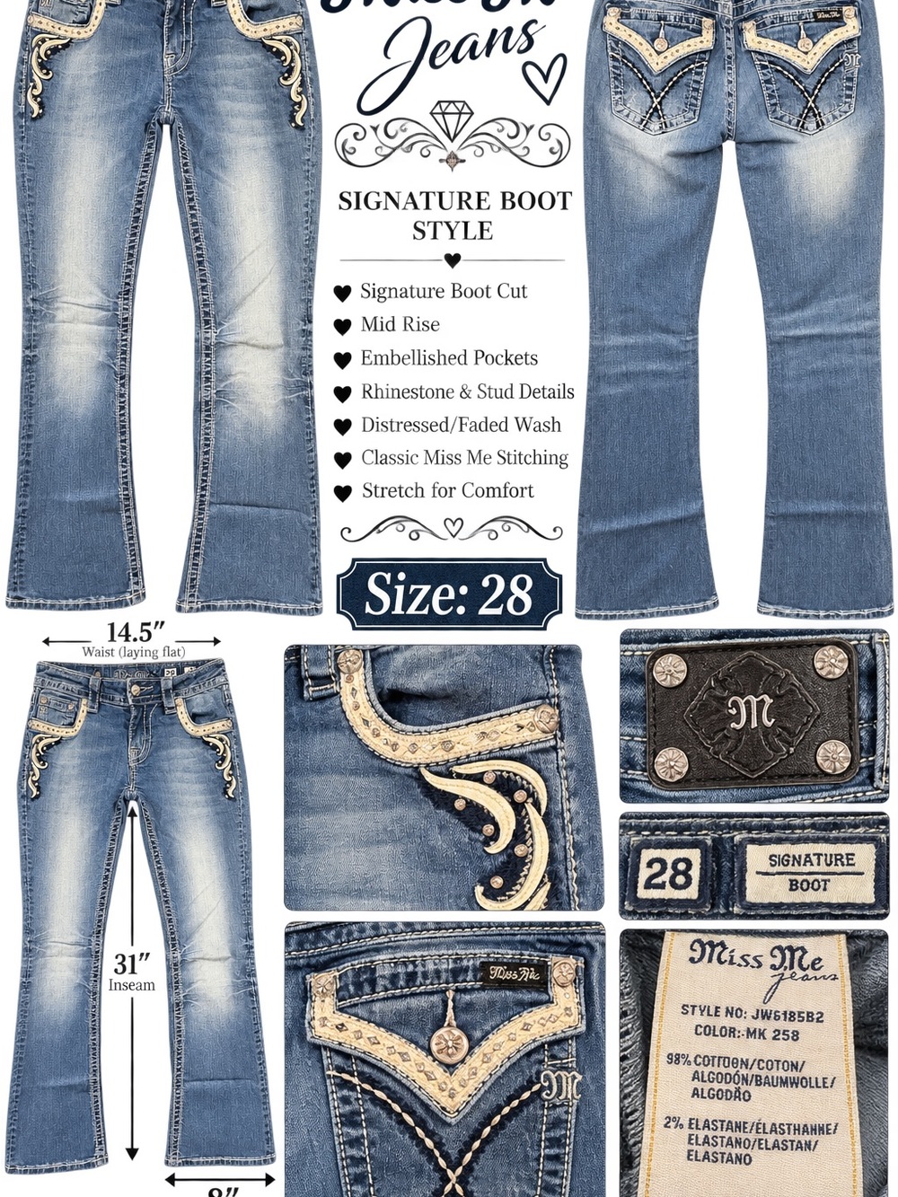 Miss Me Embellished Boot Cut Jeans in Faded Blue